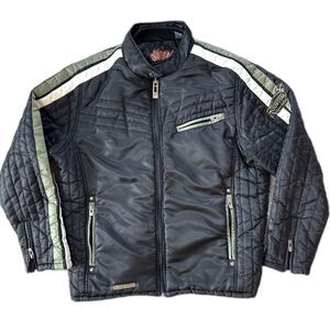 Point Zero Moto Jacket Men Large Black Racing Stripes Biker Streetwear Y2K Gorp